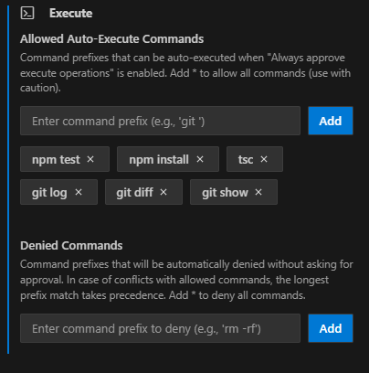 Command execution white and black lists