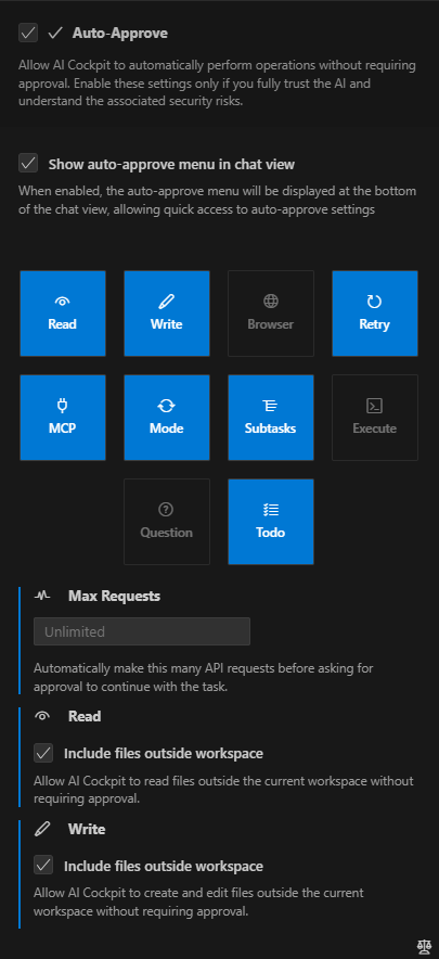 Settings panel auto-approve options