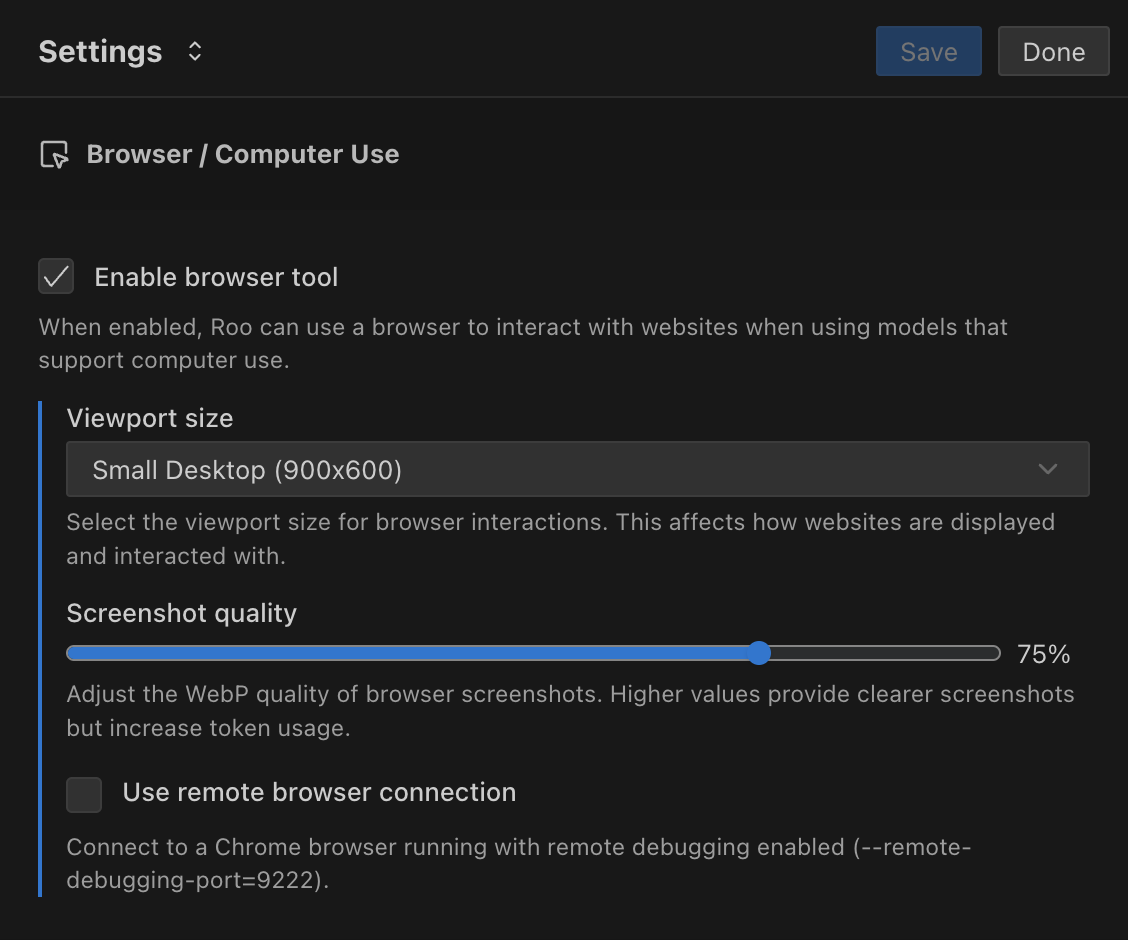 Browser settings menu