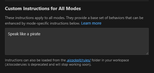 AI Cockpit Reasoning Modes tab showing global custom instructions interface