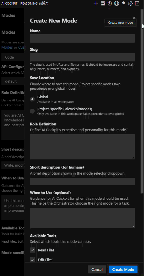 Custom mode creation interface in the Prompts tab