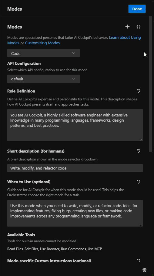 Overview of custom modes interface