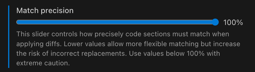 AI Cockpit Reasoning settings showing Enable editing through diffs checkbox and Match precision slider