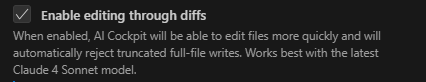 AI Cockpit Reasoning settings showing Enable editing through diffs