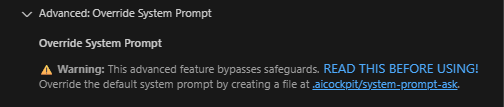 UI showing the Advanced: Override System Prompt section