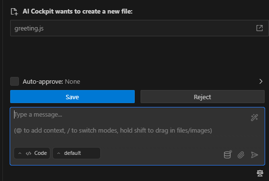 Tool approval interface showing Save and Reject buttons along with Auto-approve checkbox