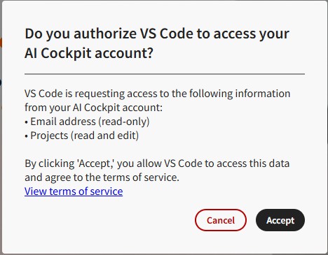 AI Cockpit Vs Code Authoryzation Dialog