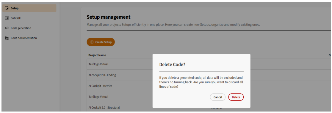 Delete Modal – Setup Management Screen