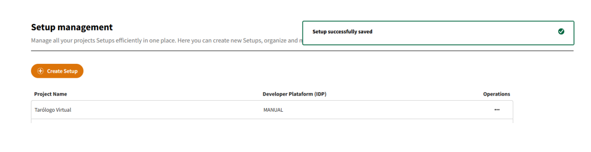 Saved Setup – Setup Management Screen