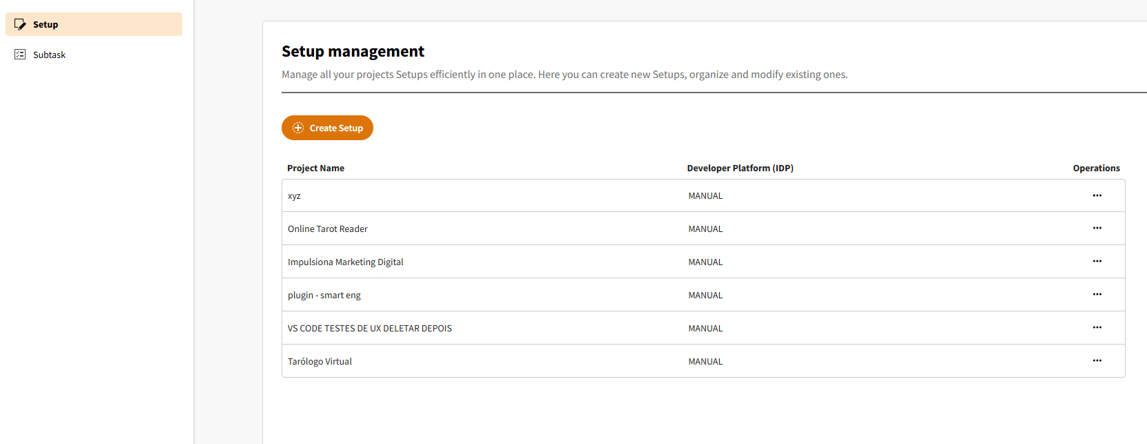 Setup Listing – Setup Management Screen