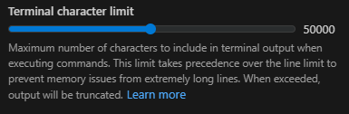 Terminal character limit slider set to 50000