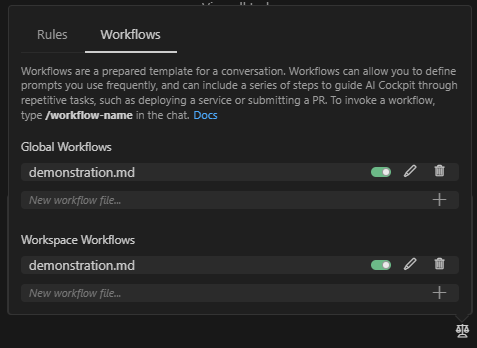 Workflows tab in AI Cockpit Reasoning