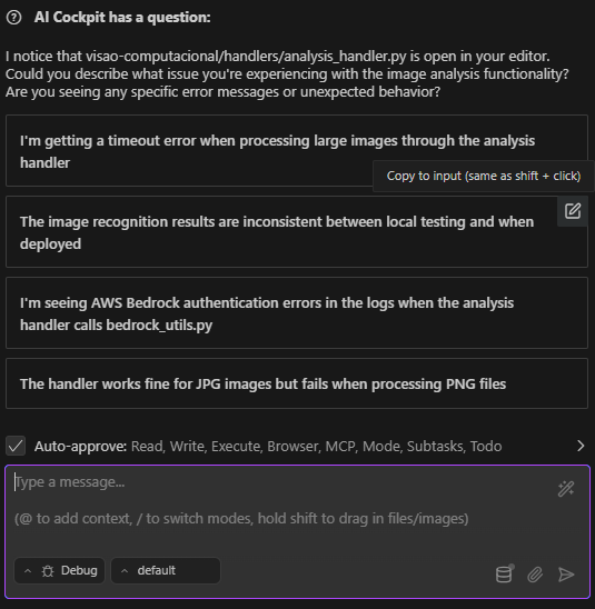 Chat input box showing text copied from a suggested response, ready for editing