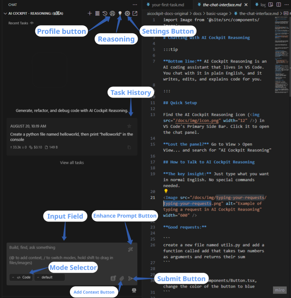 Chat interface components labeled with callouts