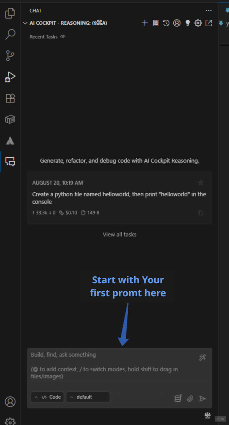 Typing a task in the AI Cockpit Reasoning chat interface