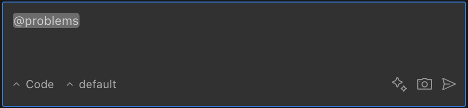 Exemplo de menção de problemas mostrando o painel de problemas do VS Code sendo referenciado com @problems