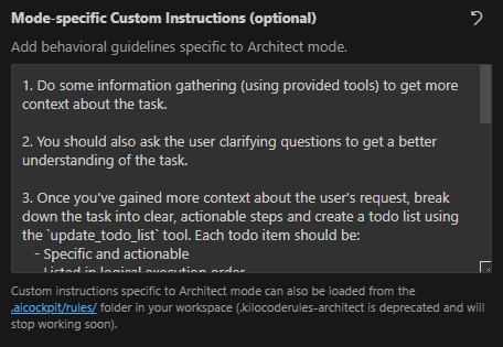 Abas de modos do AI Cockpit Reasoning mostrando a interface de instruções personalizadas específicas do modo