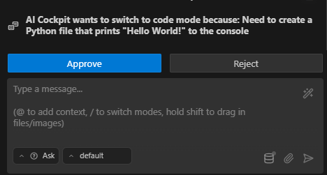 Aceitando uma sugestão de troca de modo do AI Cockpit Reasoning
