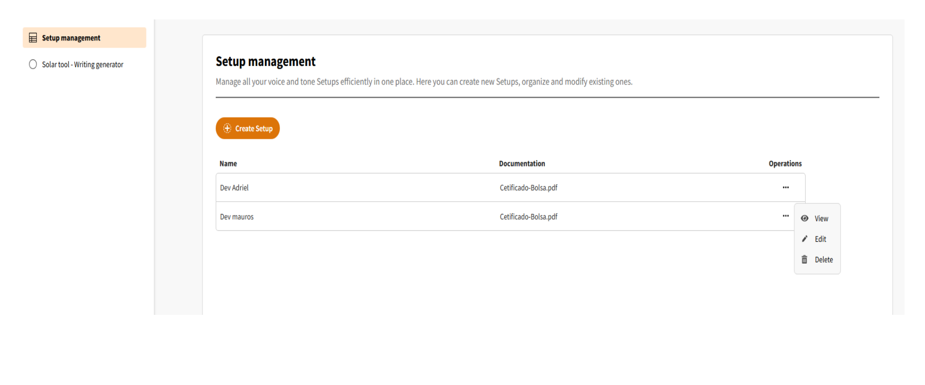 Listagem de Configurações - Tela de Gerenciamento de Configurações