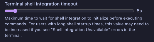 Controle deslizante de tempo limite de integração com o shell do terminal definido para 15s